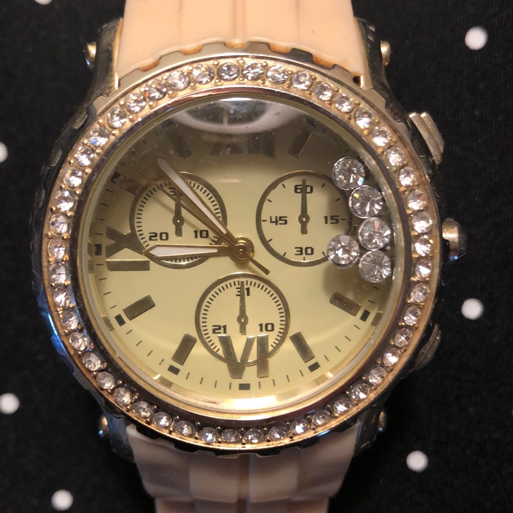 Cream band rhinestone faced fashion watch